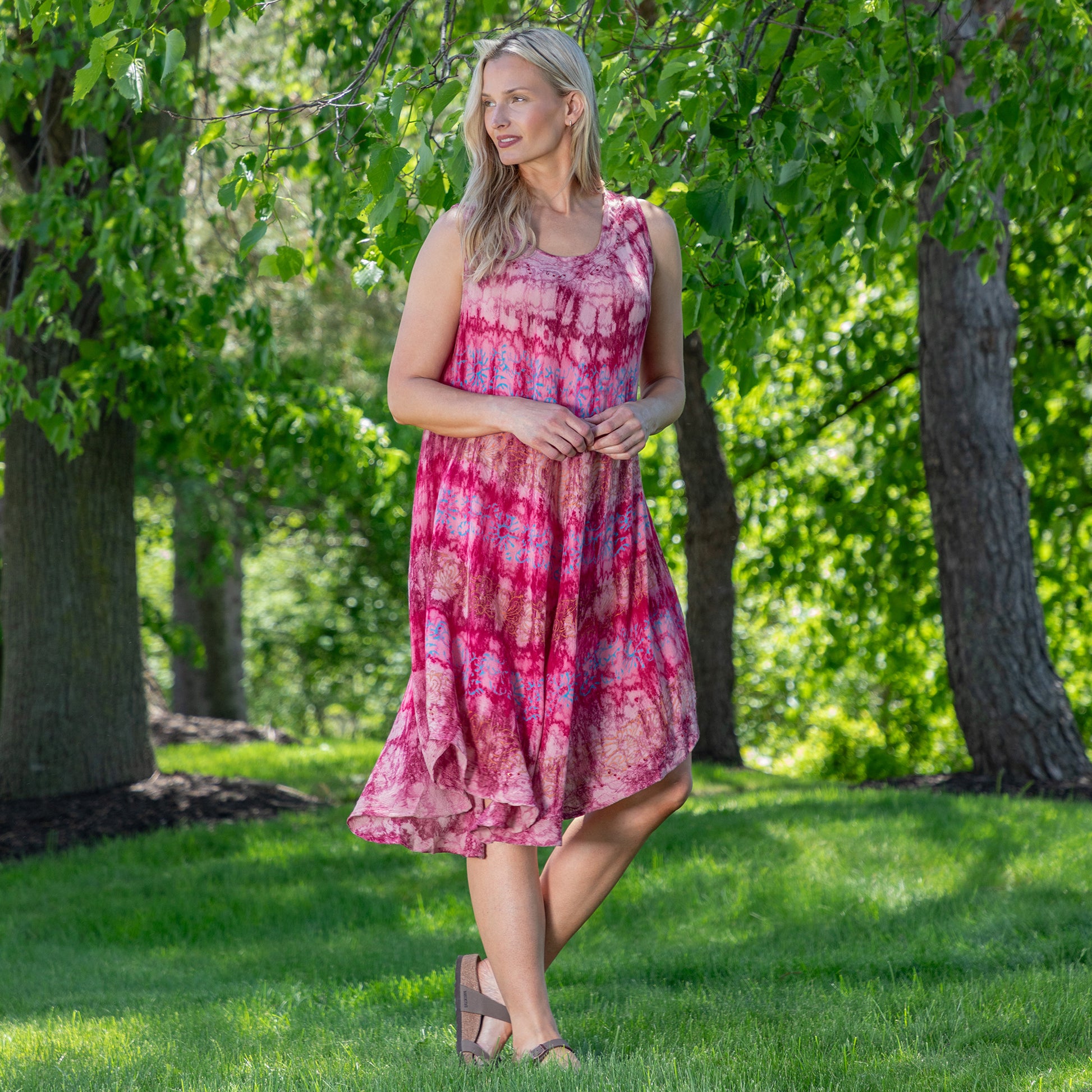 Sunset & Sea Tie-Dye Beaded Sleeveless Dress - Pink & Peach