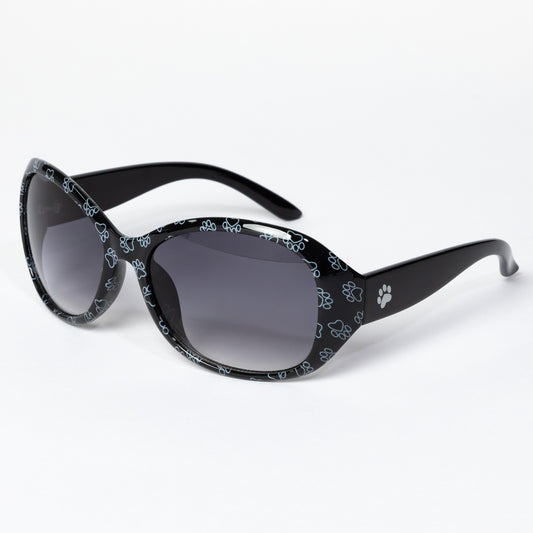 Black sunglasses with a playful paw print design on the frame.