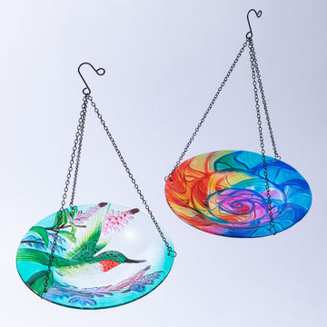 2 Designs Colorful Glass Hanging Bird Bath & Feeder