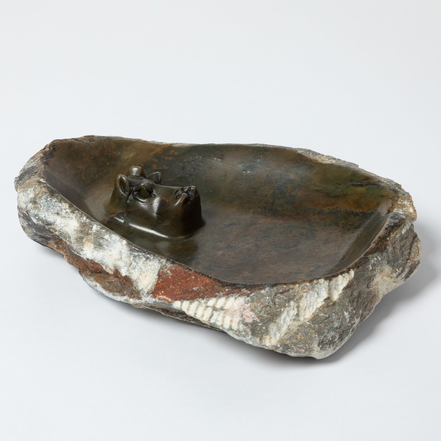 Hand-Carved Serpentine Stone Animal Birdbath