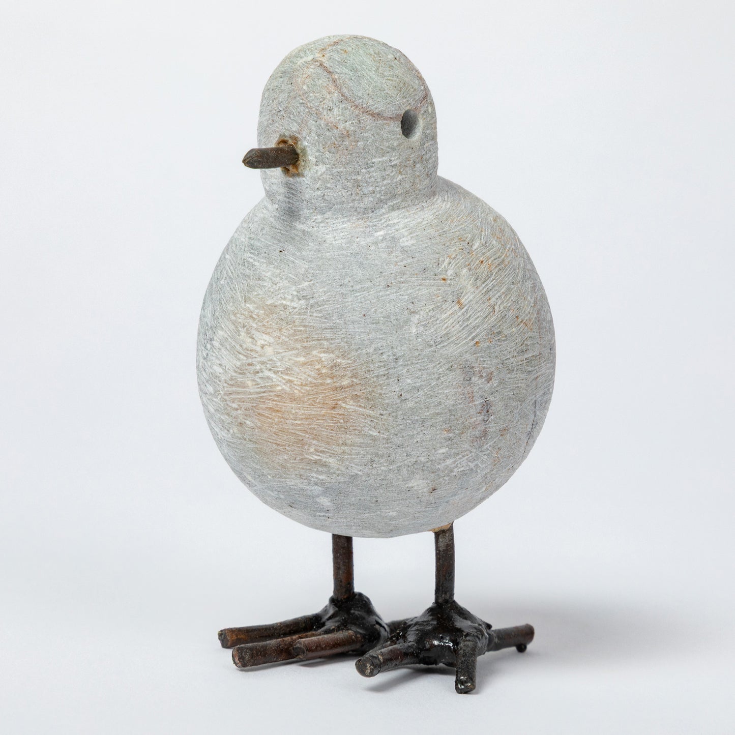Hand-Carved Serpentine Stone & Metal Chickadee Figurine