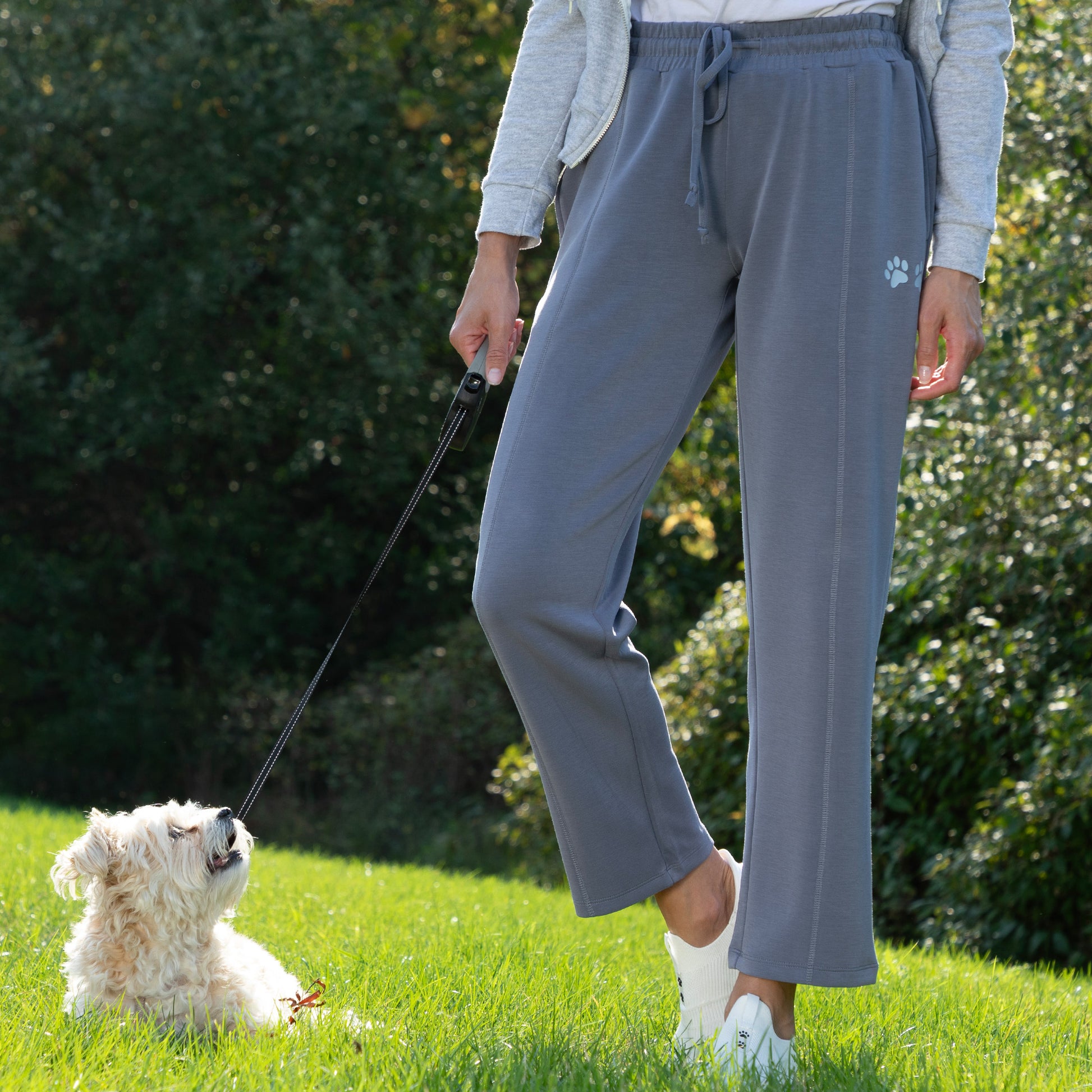 Person walking a dog on a leash in a park, wearing gray Paw Print Ultra Soft Modal Pants​.