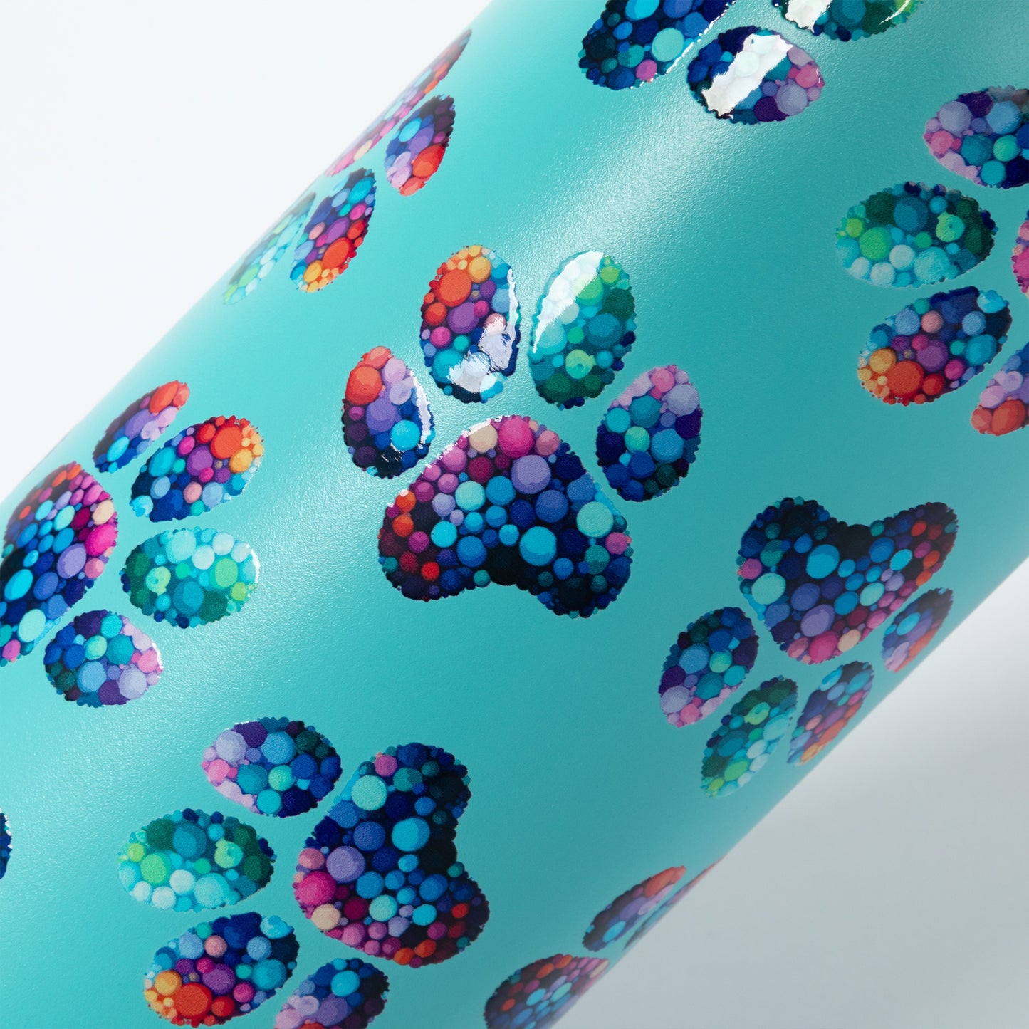 Colorful paw print pattern on a blue background