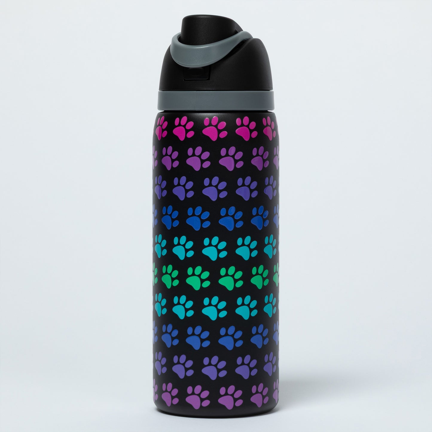 Black water bottle with colorful paw pattern on a white background