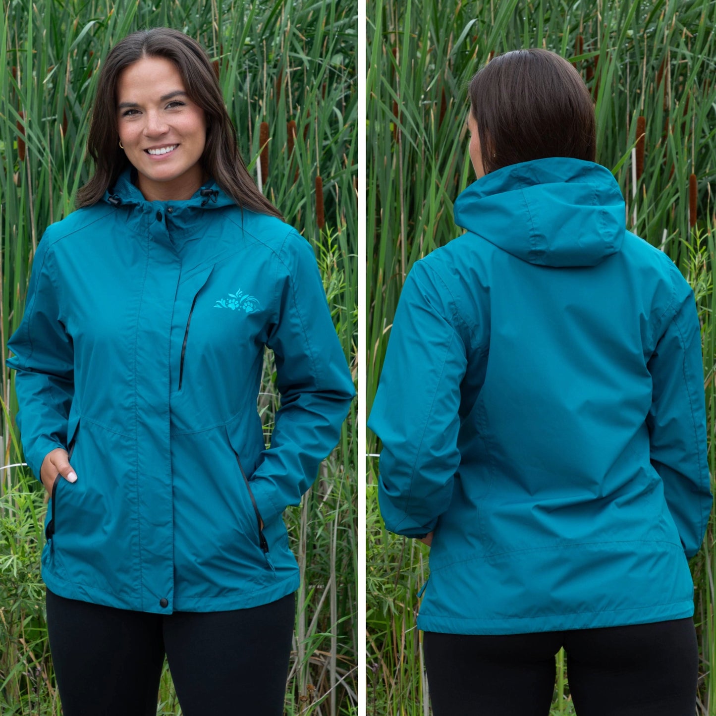 Woman wearing a teal raincoat with two paw prints on the left chest standing in tall grass, shown from front and back.