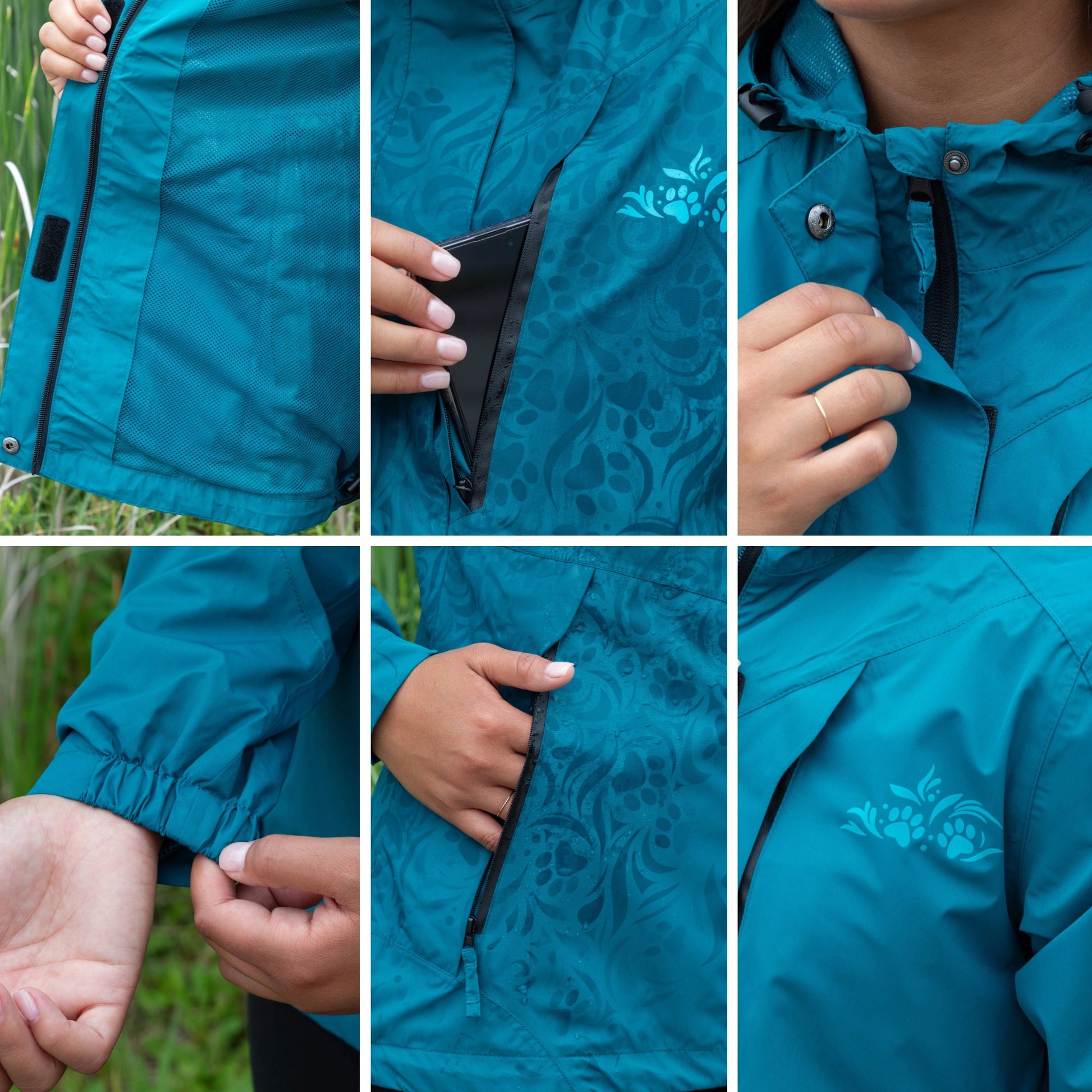 Collage of a blue jacket with various details, including a zipper pocket, elastic bands on the sleeve, mesh interior and patterned design that appears when wet.