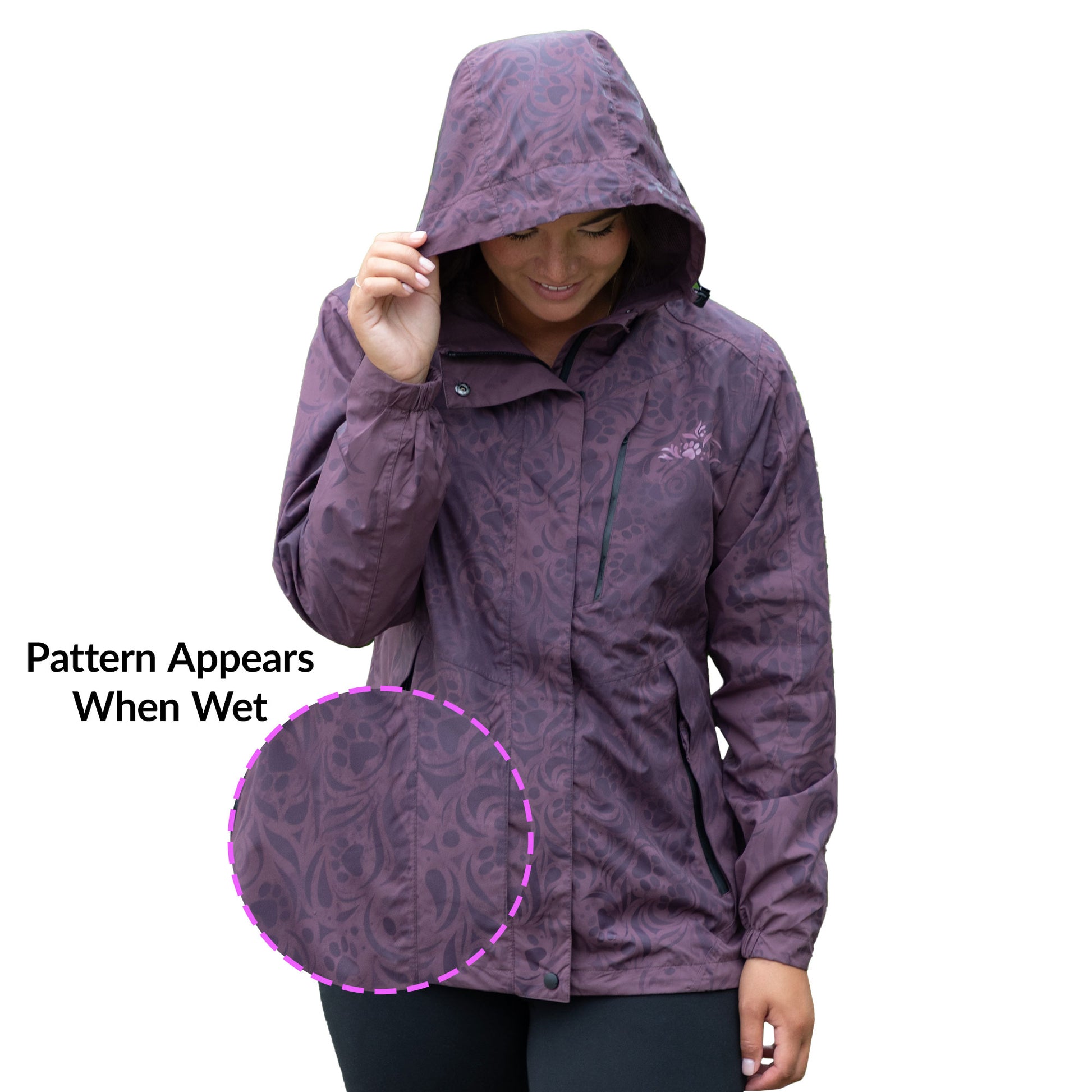 Woman wearing a purple raincoat with a pattern that appears when wet, on a white background.