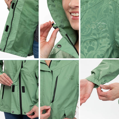 Collage of a green raincoat with various details on a white background