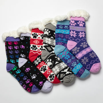 6 Designs Sherpa Fleece-Lined Paw Print Cabin Slipper Socks