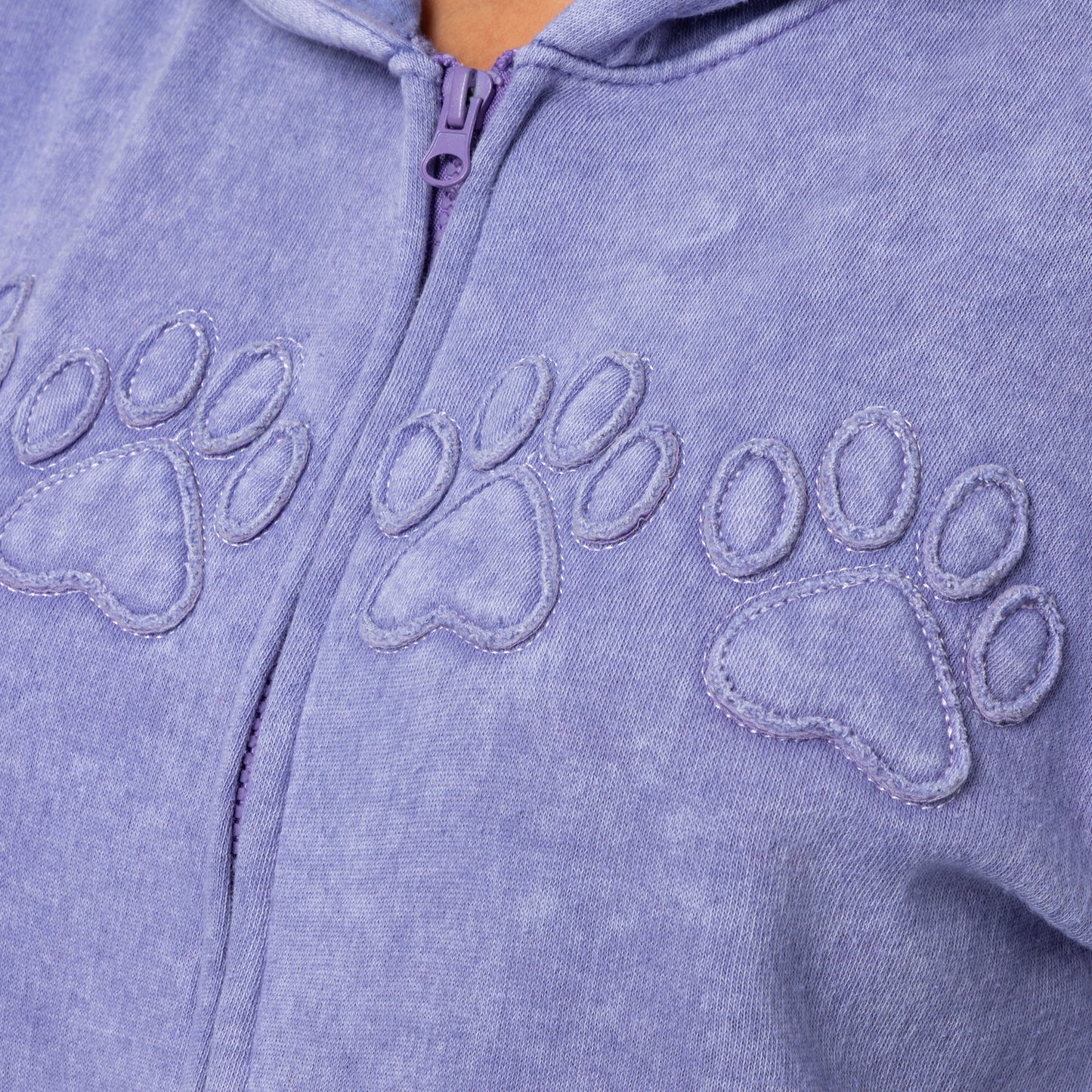 Paw Print Applique Acid Wash Zip Hoodie