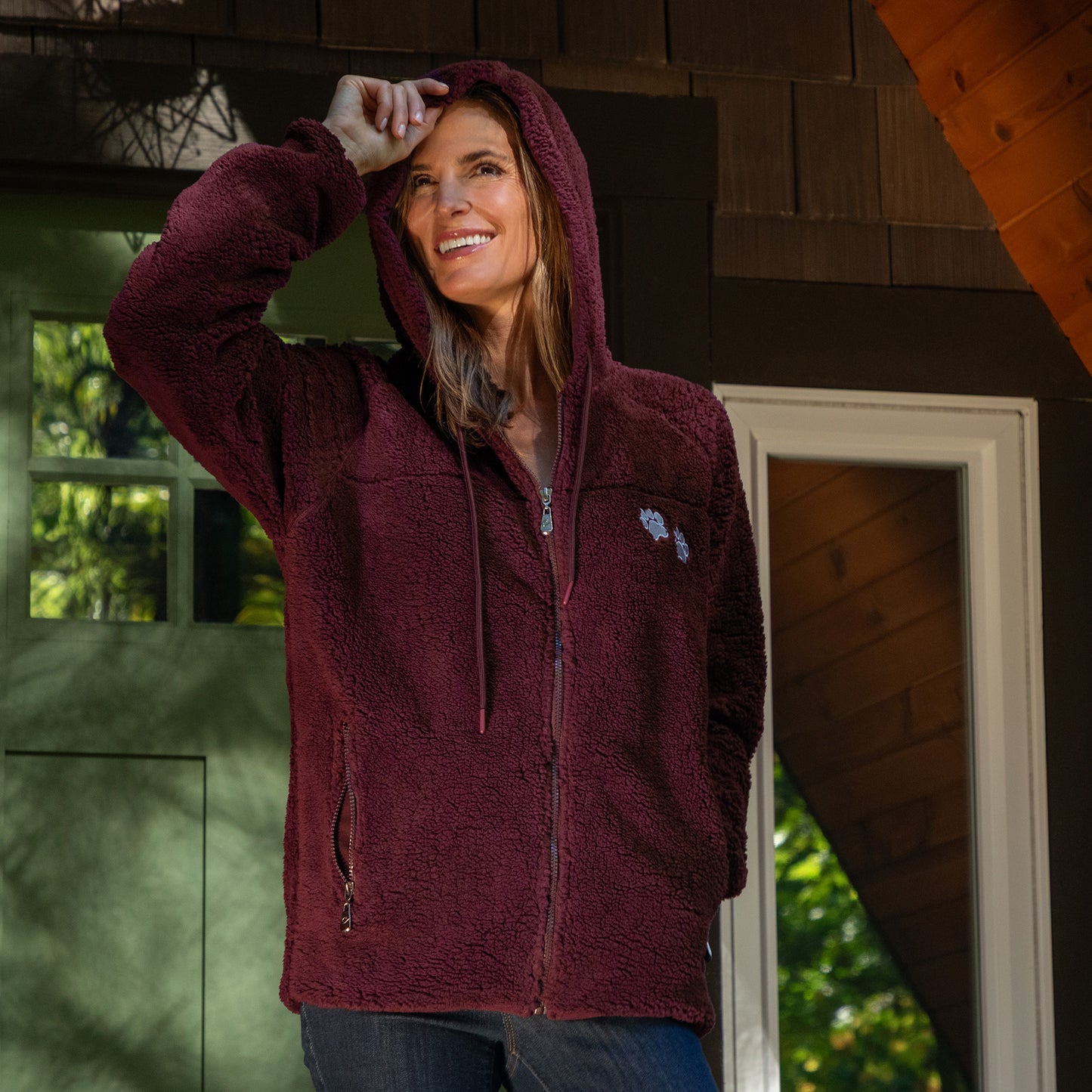 Paw Print Sherpa Full Zip Hooded Jacket with Zippered Side Pockets