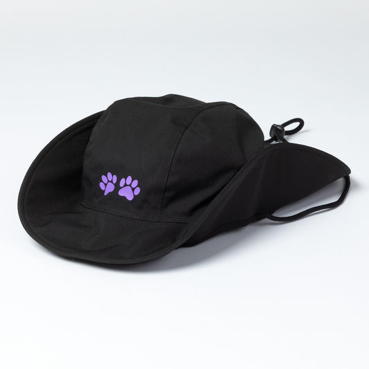 Black cap with a purple paw print on a white background