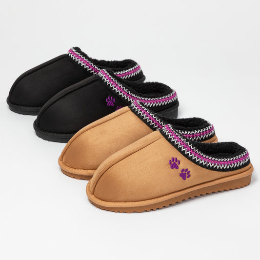 Pair of black and tan slippers with purple paw prints on a white background