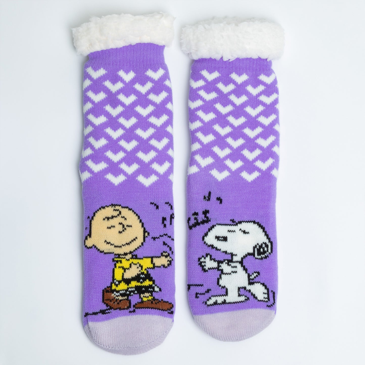 Pair of purple socks with cartoon characters on a white background
