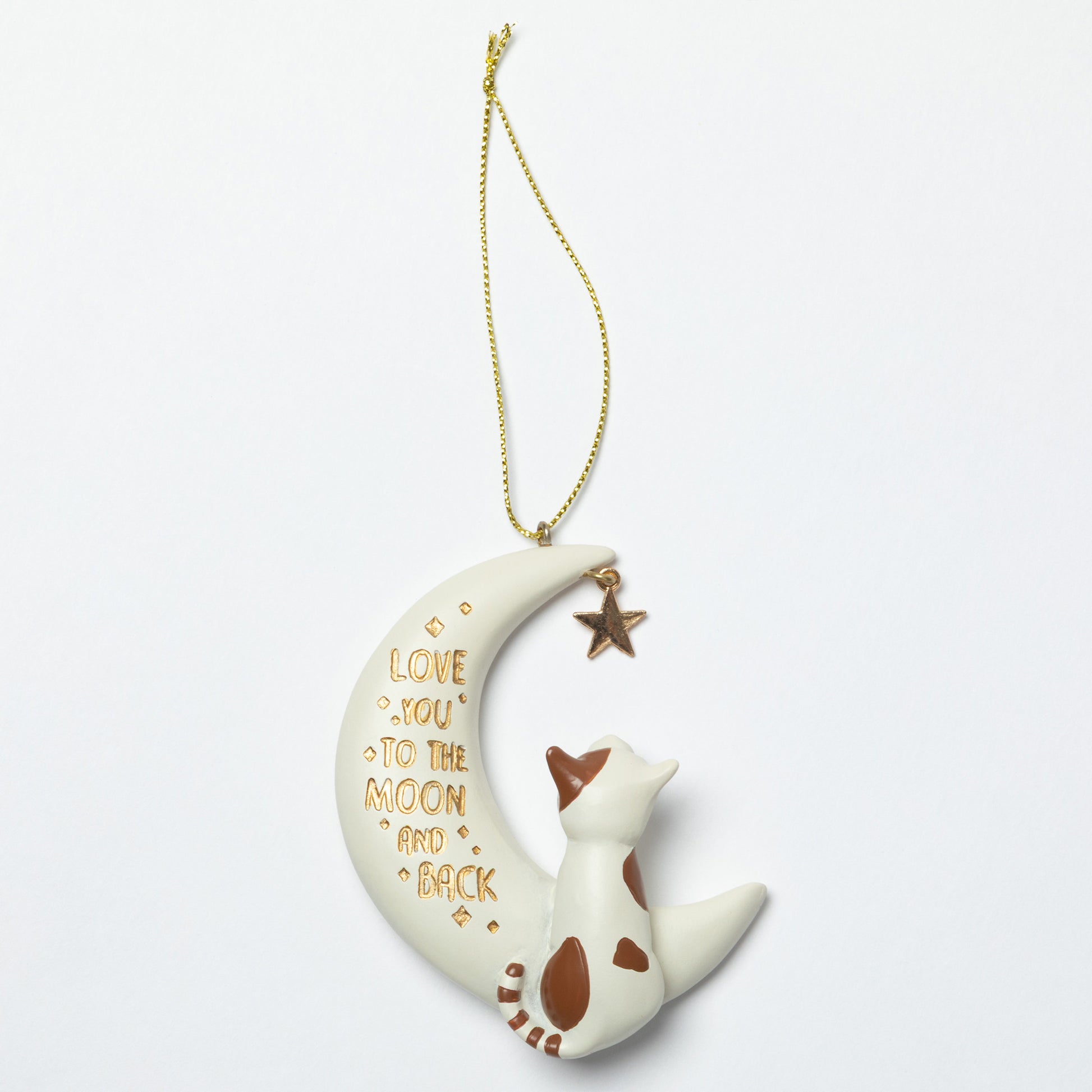 Decorative ornament with a cat on a moon, featuring 'Love you to the moon and back' text, on a white background.
