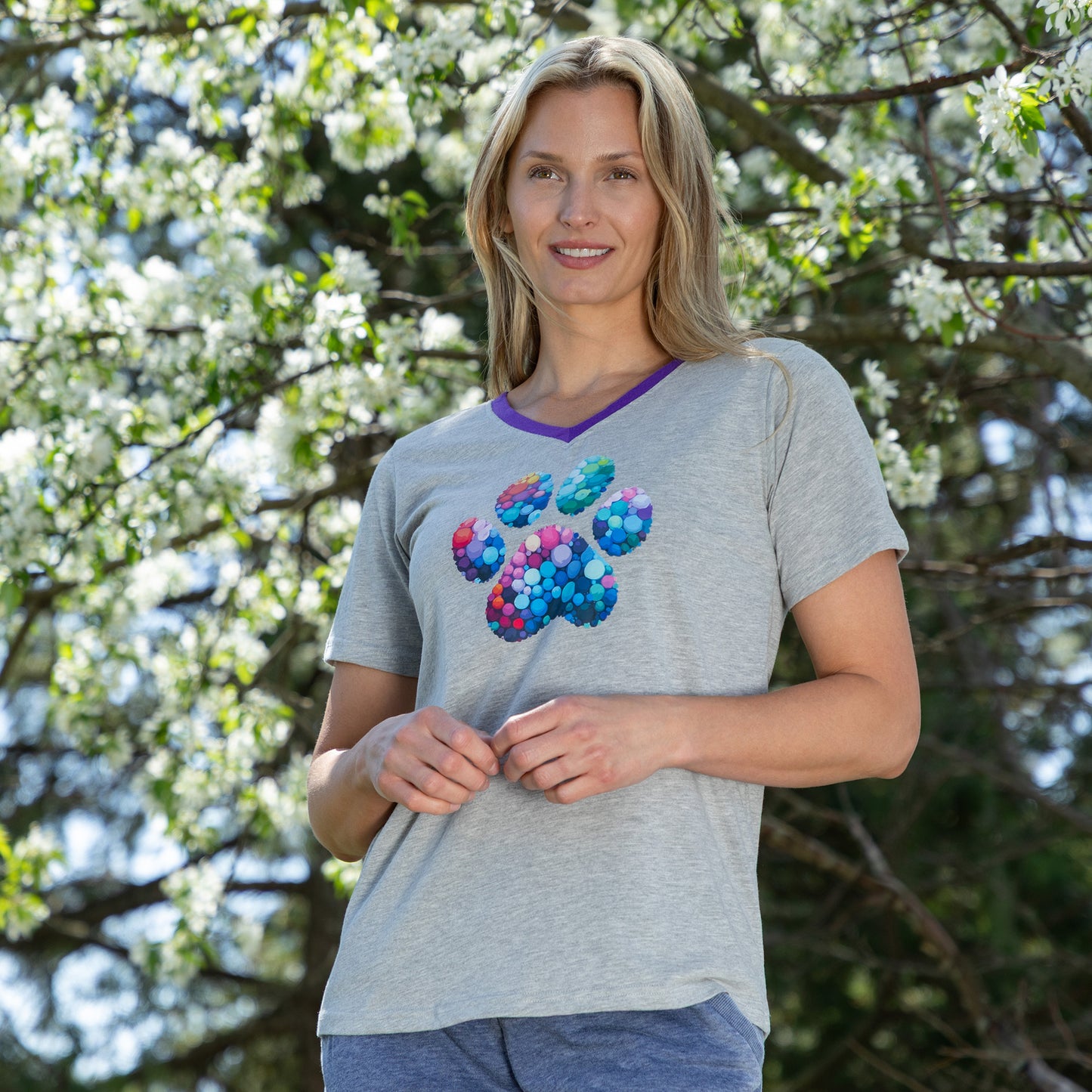 Rainbow Bubble Joy Paw Contrast V-Neck Tee