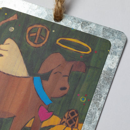 A dog illustration with a halo,  a peace sign, flower  in the back, against a white background