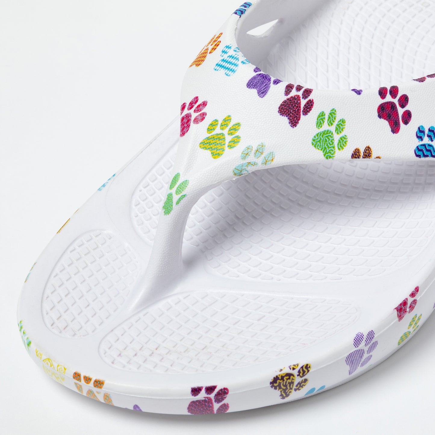 White sandal with colorful paw prints on a white background