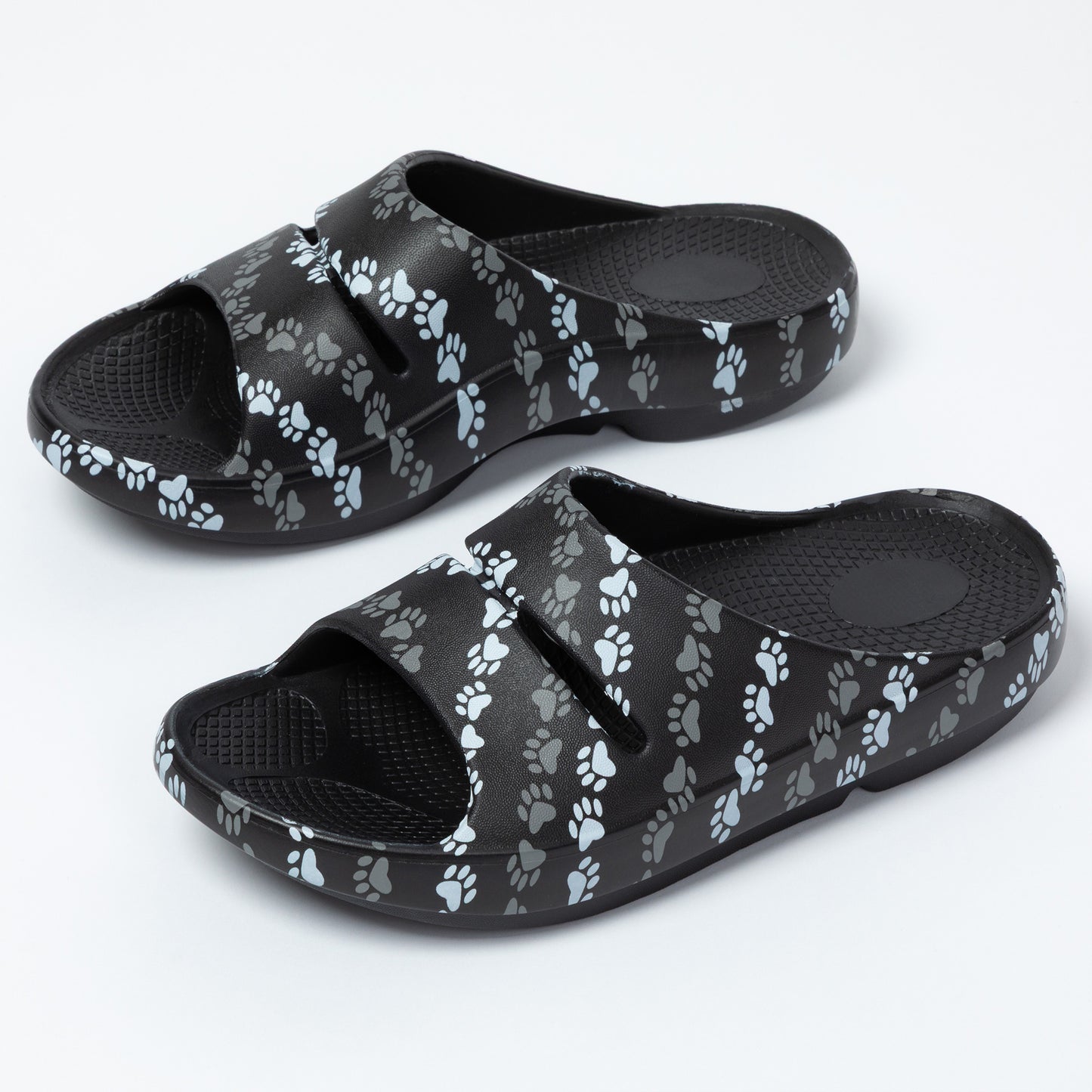 Black slides with paw print pattern on a white background