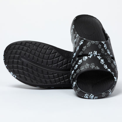 Black slides with paw print pattern on a white background