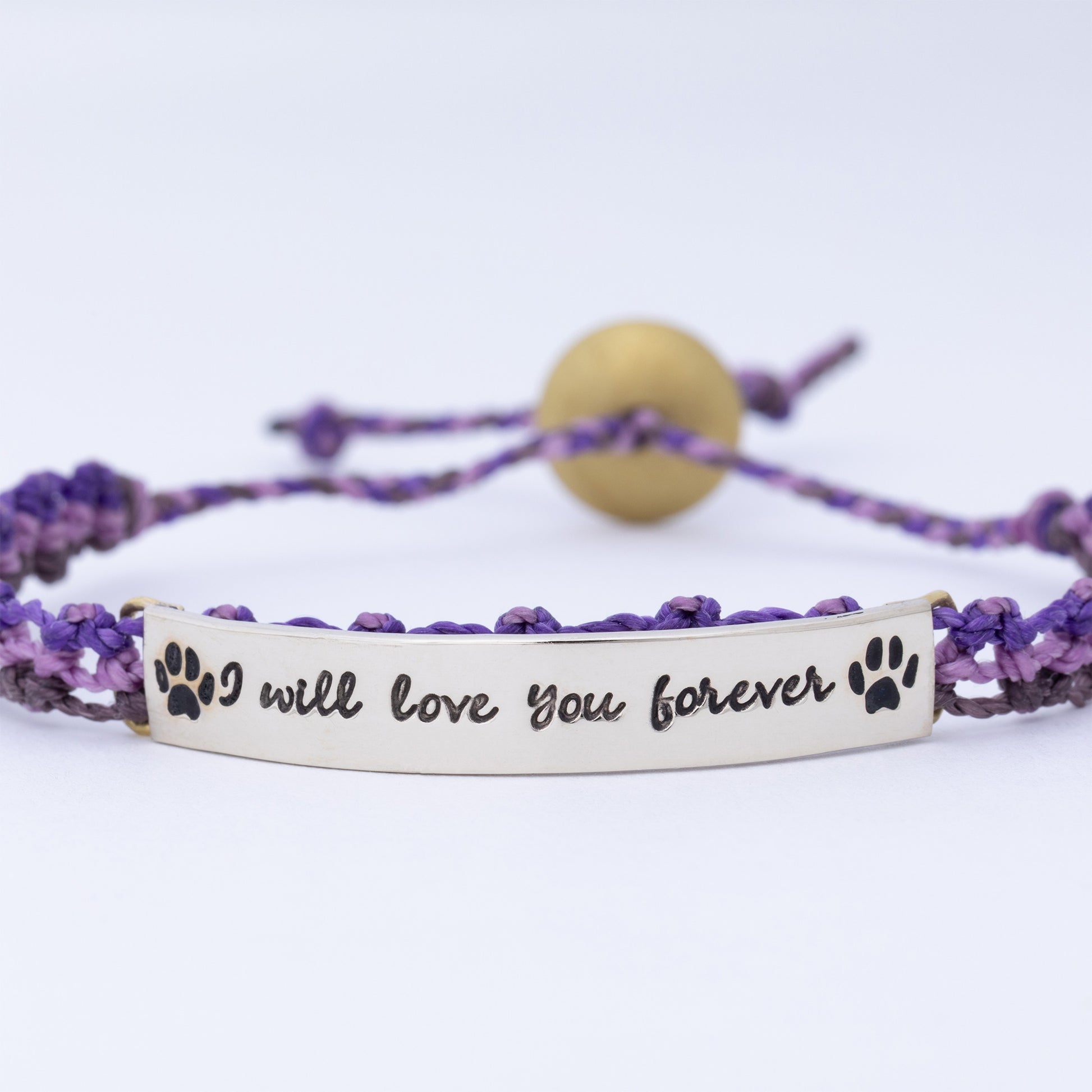 Purple braided bracelet with a silver tone engraved band featuring 'I will love You forever' text, with a white background.