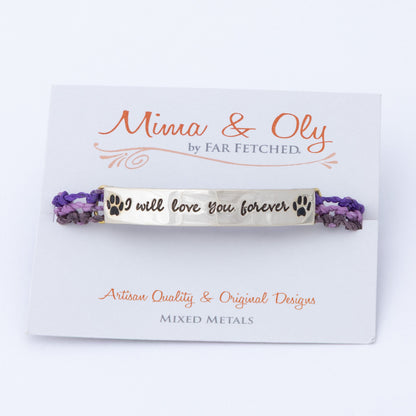 Bracelet with 'I will love you forever' message on a branded card