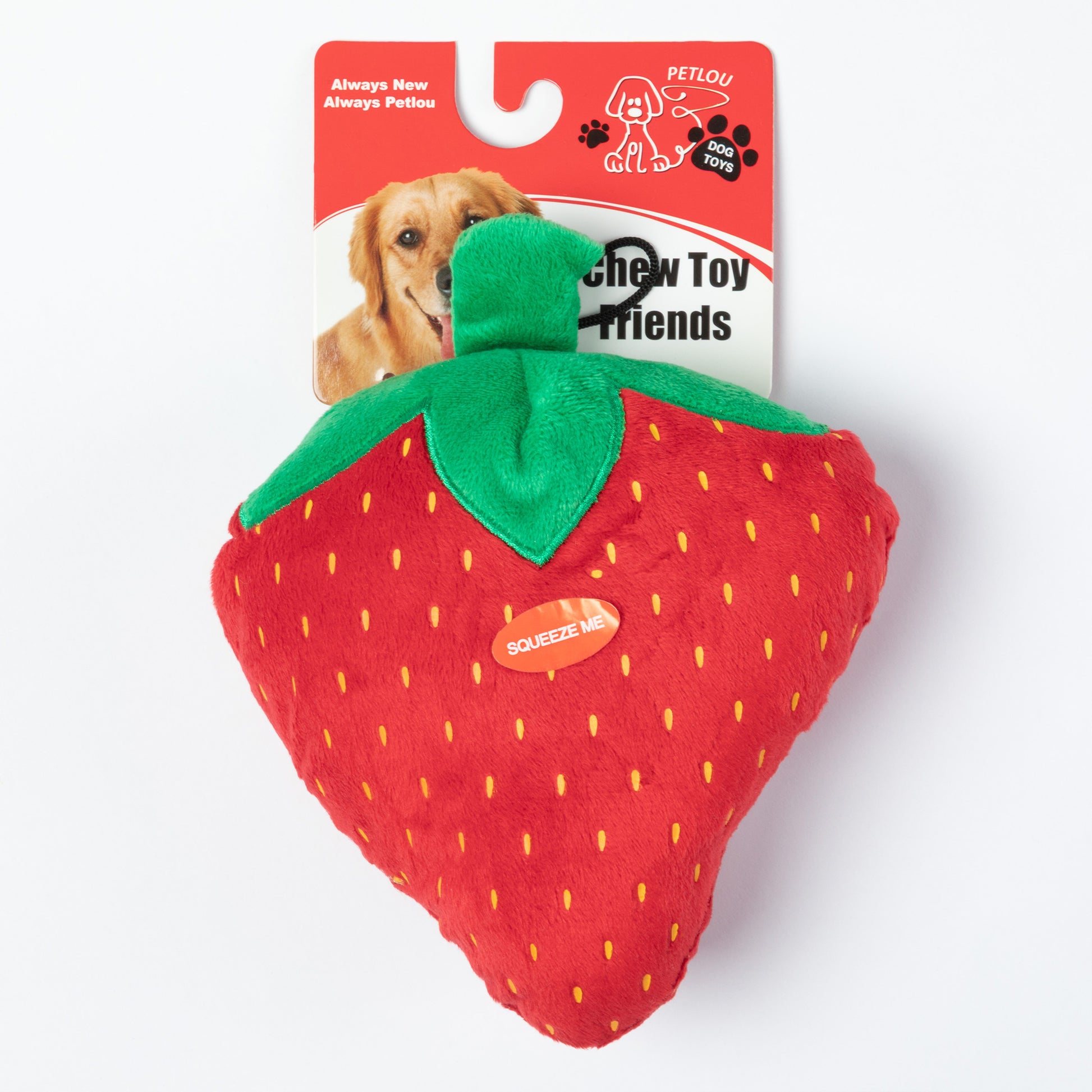 Strawberry-shaped dog toy with green top on a white background