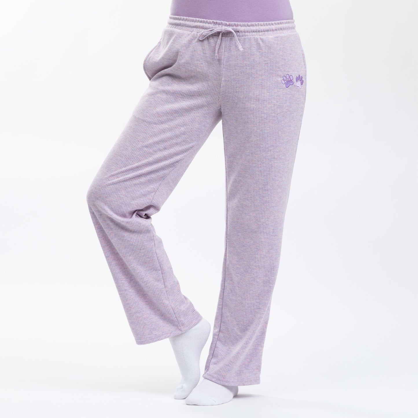 Purple rib knit lounge pants with a small embroidered paw print logo on a white background.