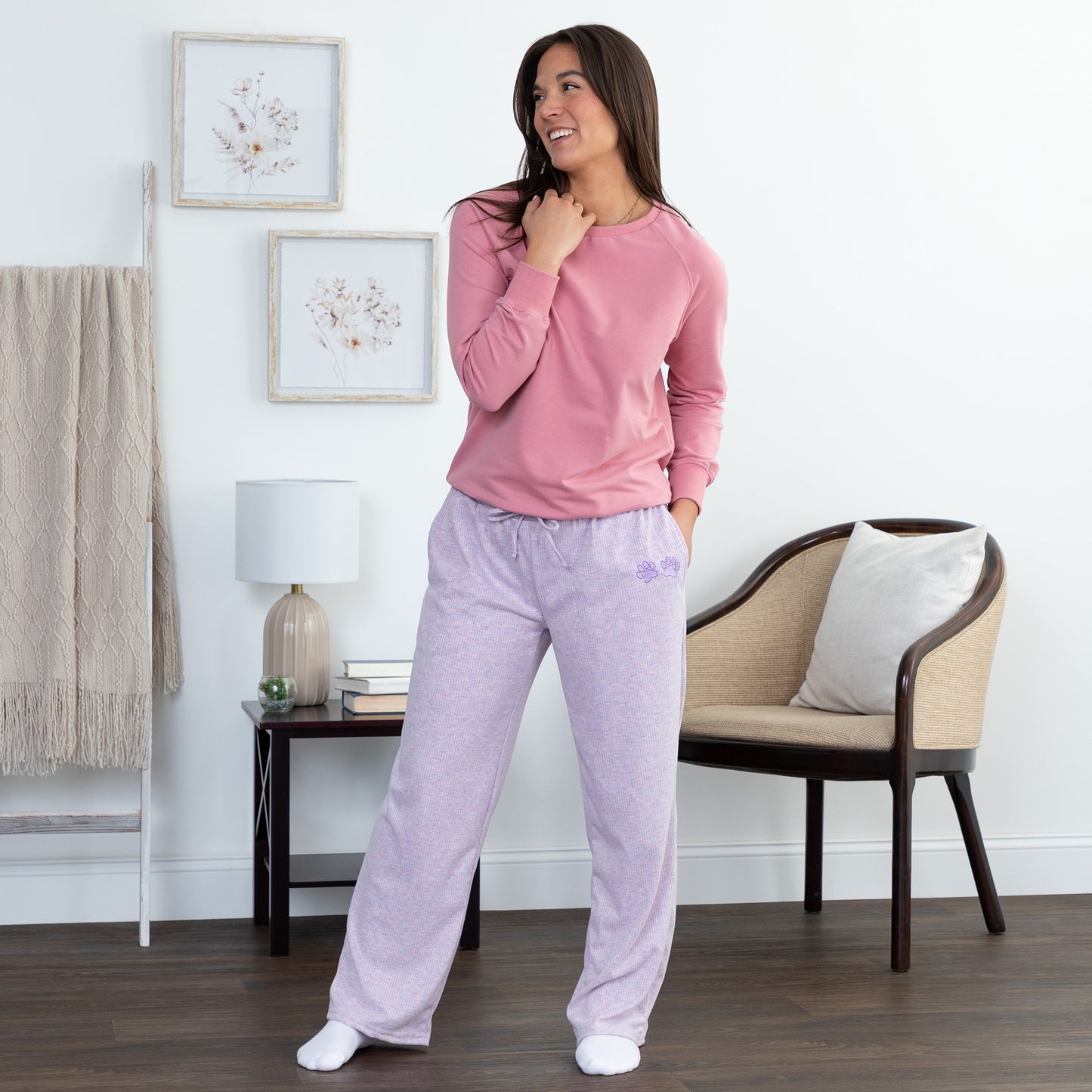 Soft Melange Paw Print Purple Rib Knit Pants