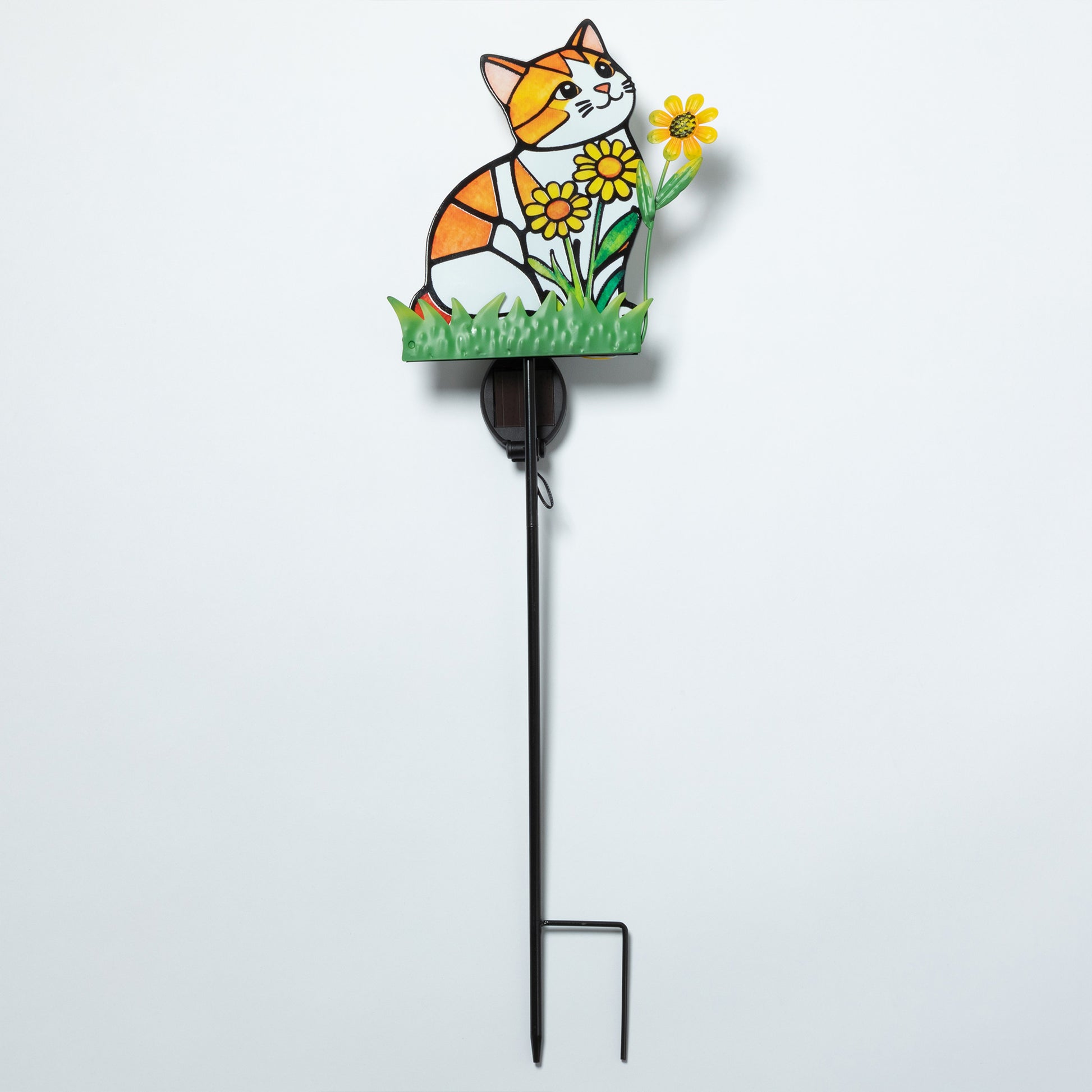 a full image of the Decorative garden stake with a cat with three yellow flowers design on a white background