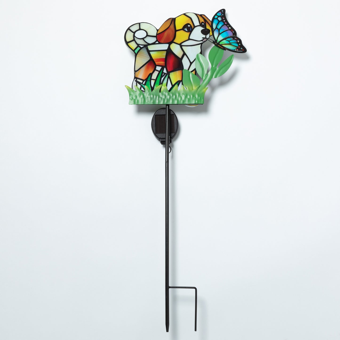 Colorful stained glass dog-shaped garden stake with a butterfly on a white background