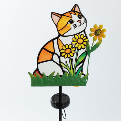 Decorative solar light shaped like a cat with flowers on a white background