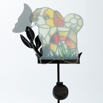 Decorative solar light shaped like a dog with stained glass effect on a white background