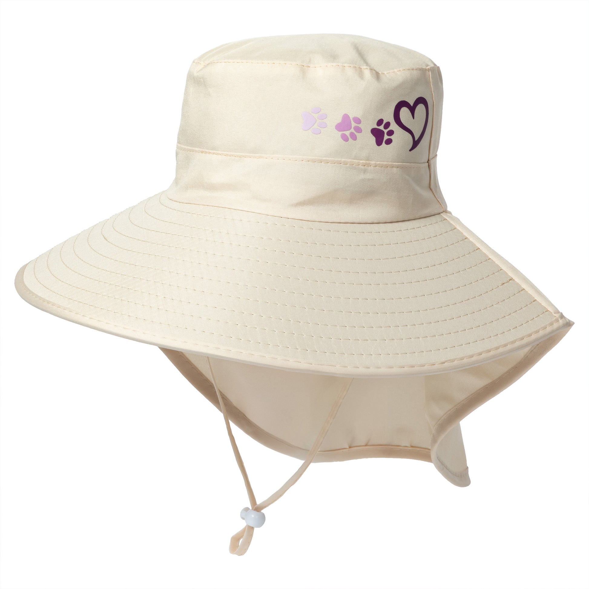 Beige sun hat with paw prints and a heart on a white background