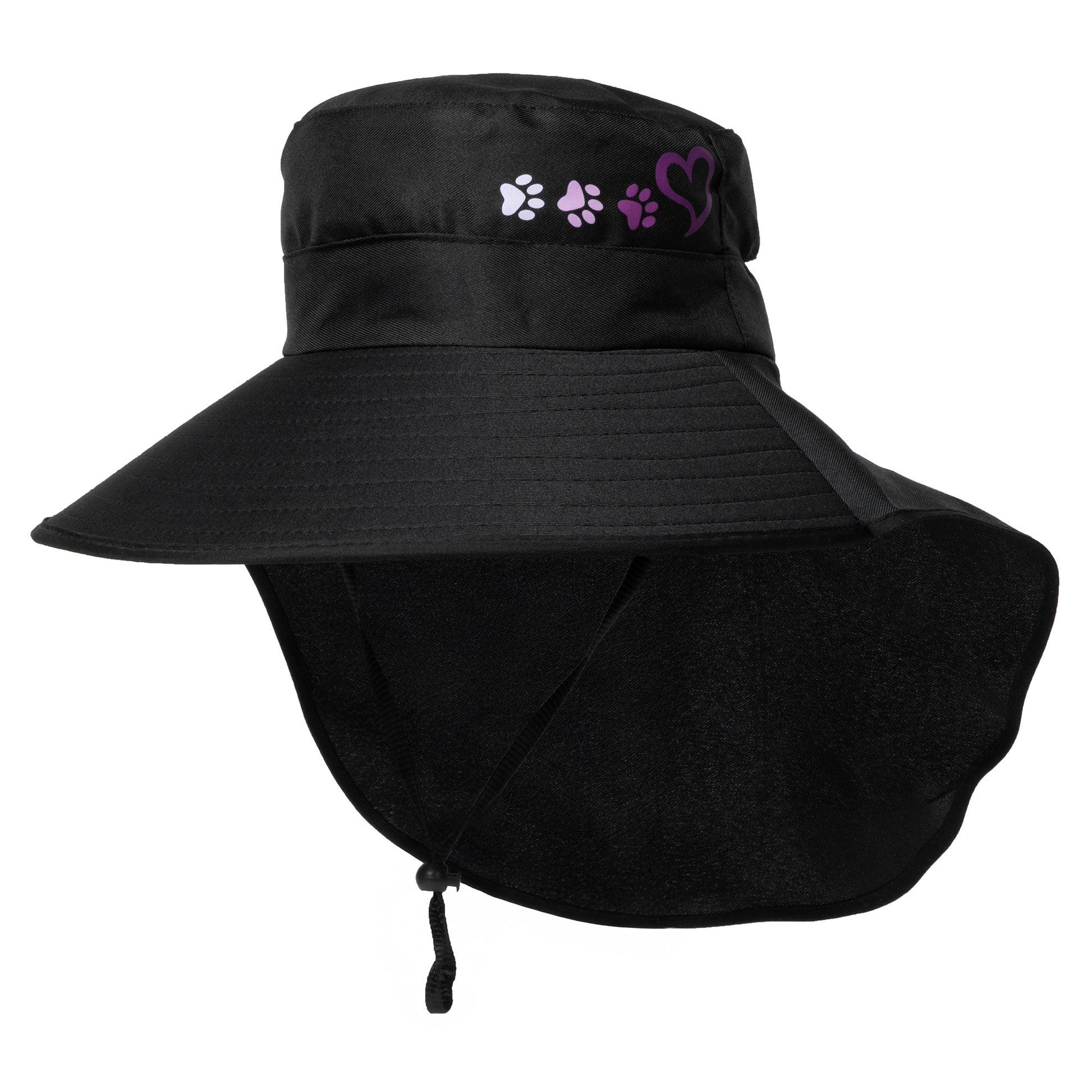 Black sun hat with neck flap and embroidered designs on a white background