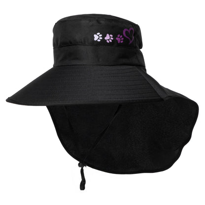 Black sun hat with neck flap and embroidered designs on a white background
