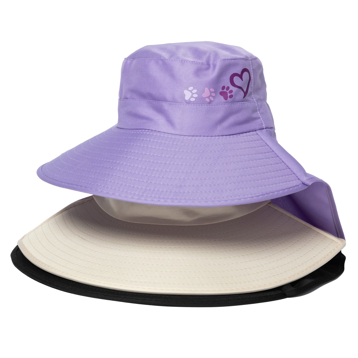 Purple sun hat with a heart and paw prints design on a white background