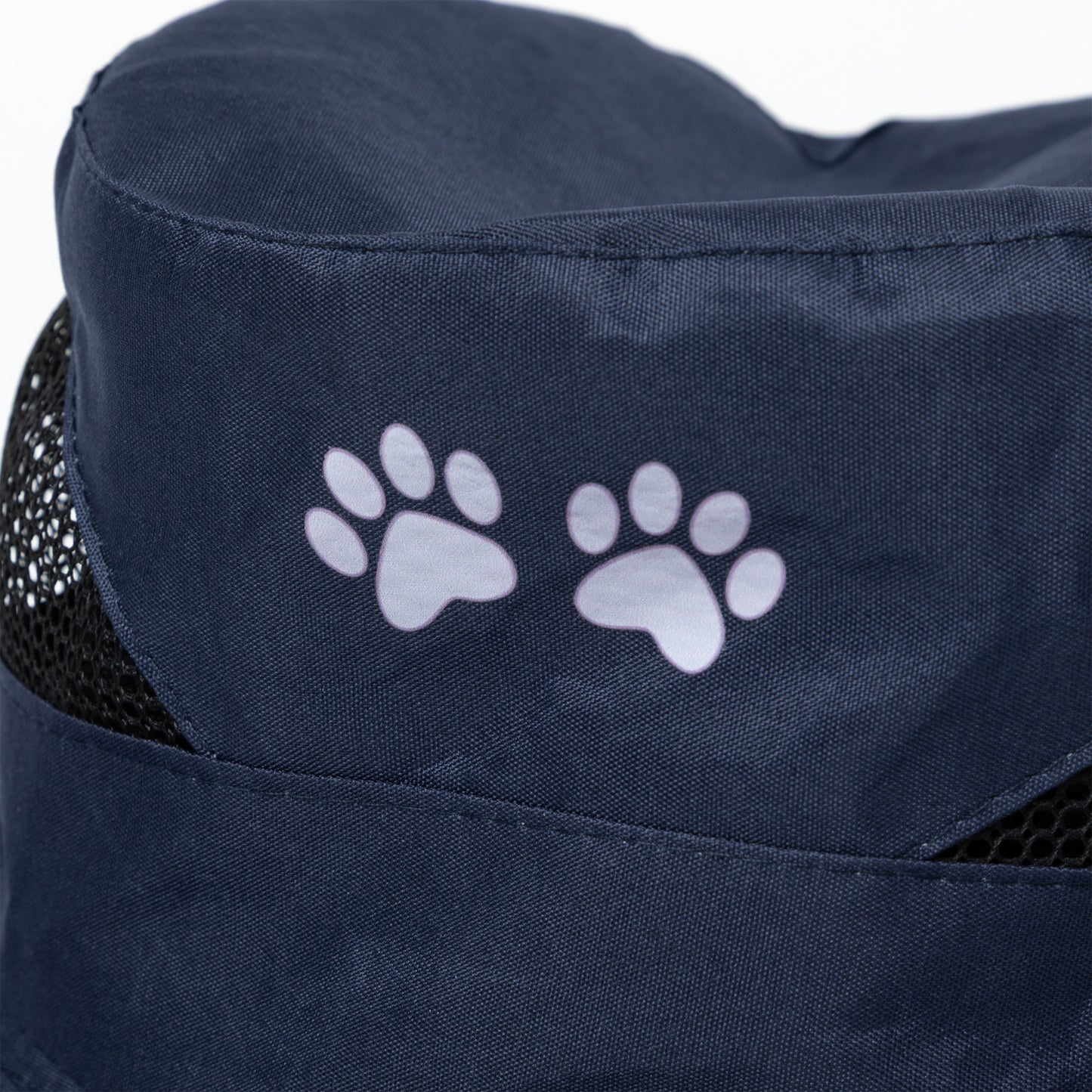 Navy blue sun hat with paw prints on a white background
