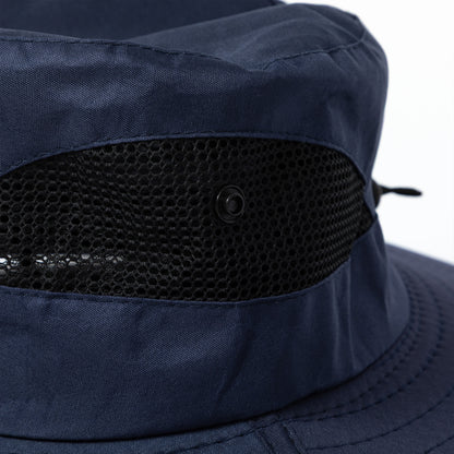 Navy blue bucket hat with black mesh ventilation on a white background