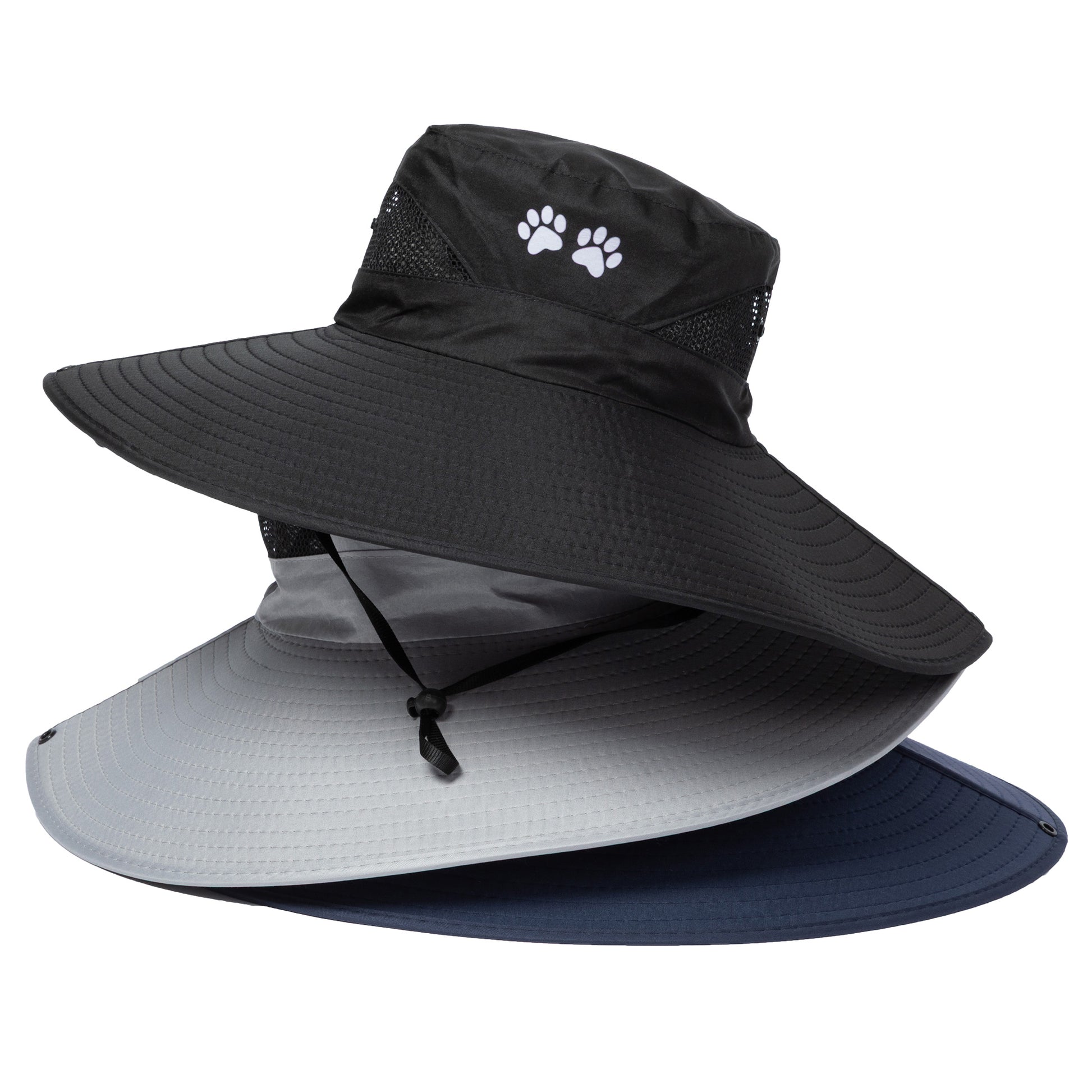 Black sun hat with a paw print logo, gray sun visor, and navy brim on a white background