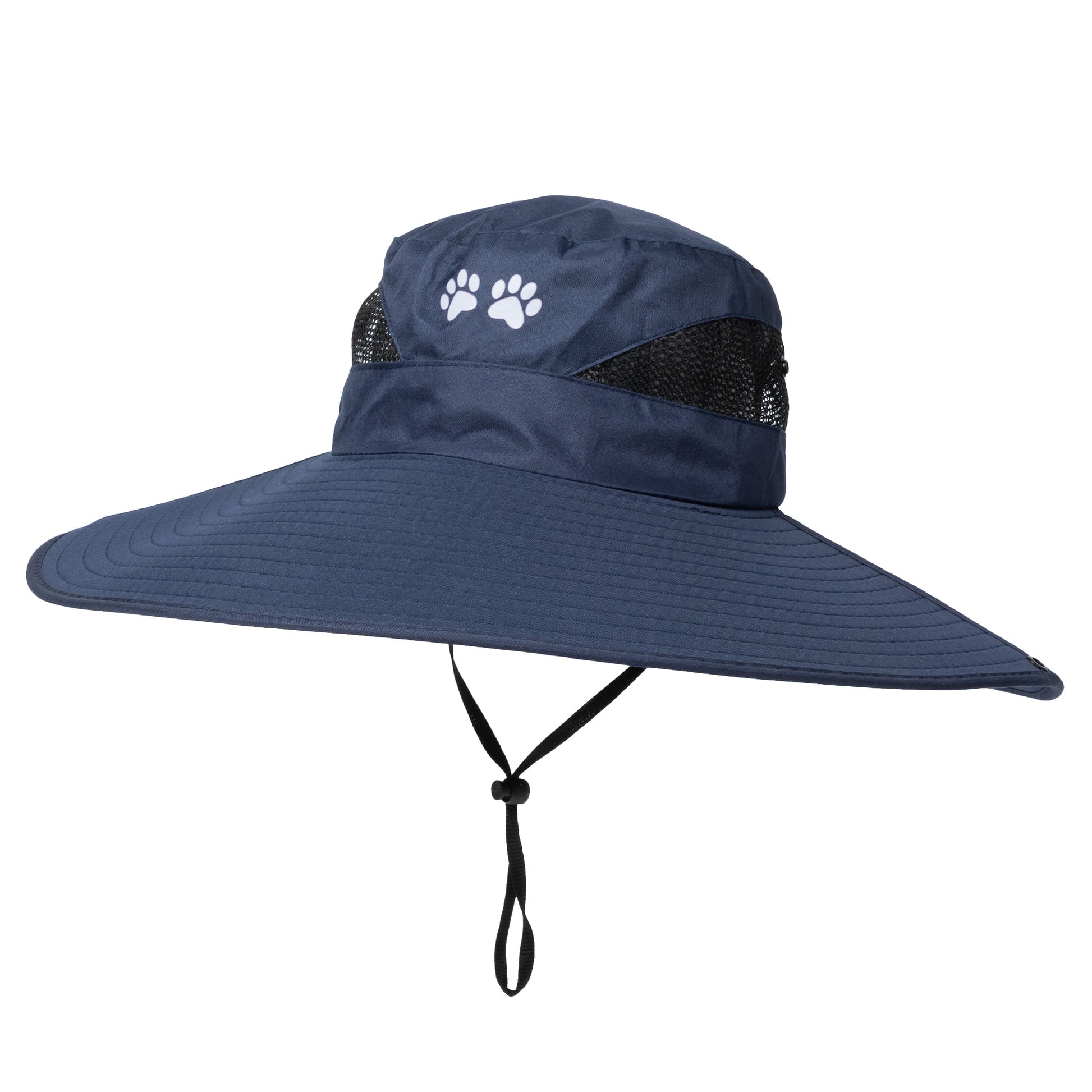 Navy blue wide-brimmed hat with a paw print logo on a white background