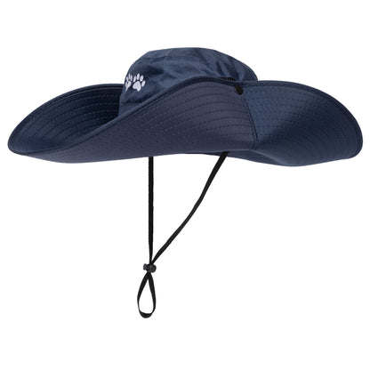 Navy blue wide-brimmed hat with a strap on a white background
