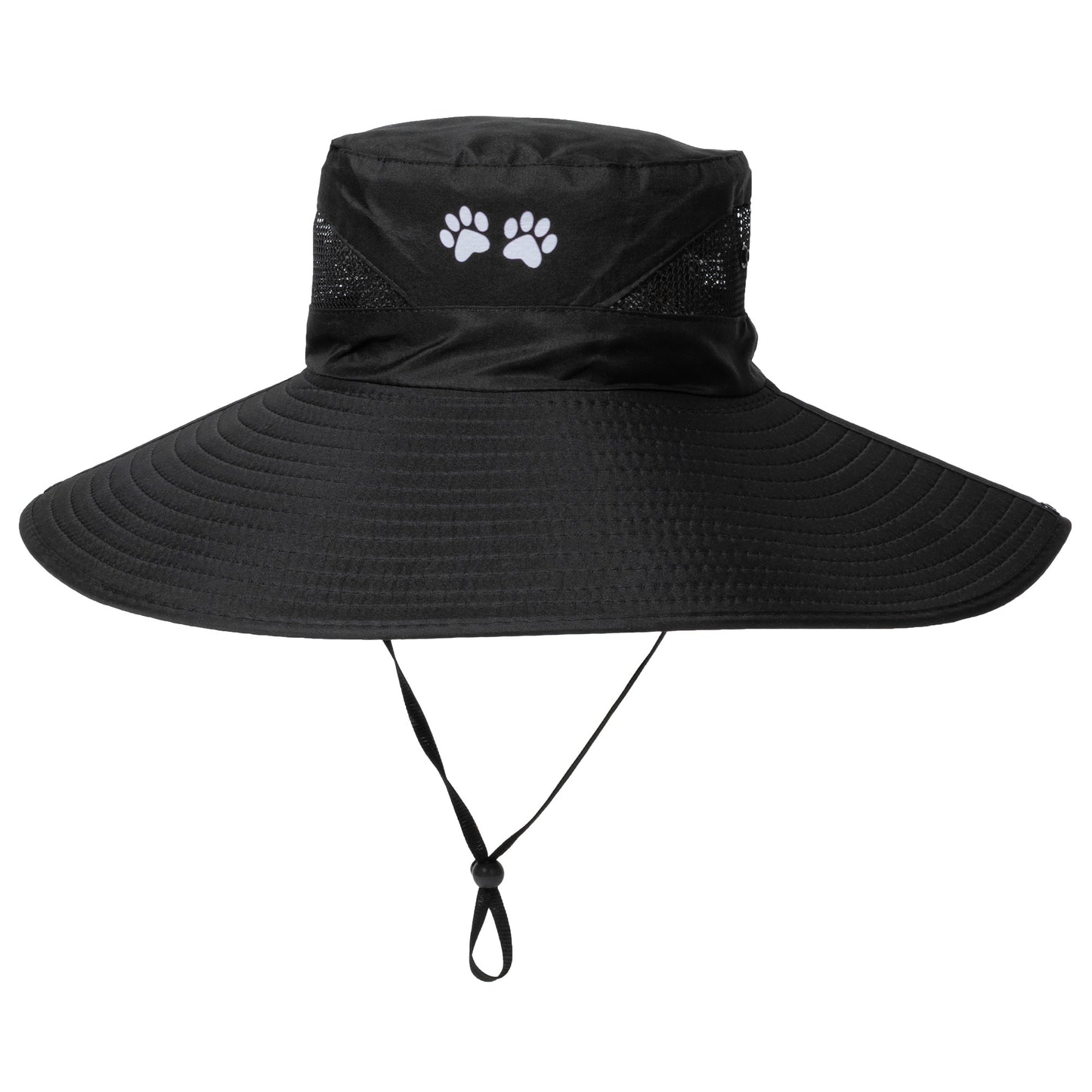 Black wide-brimmed hat with a paw print logo on a light gray background