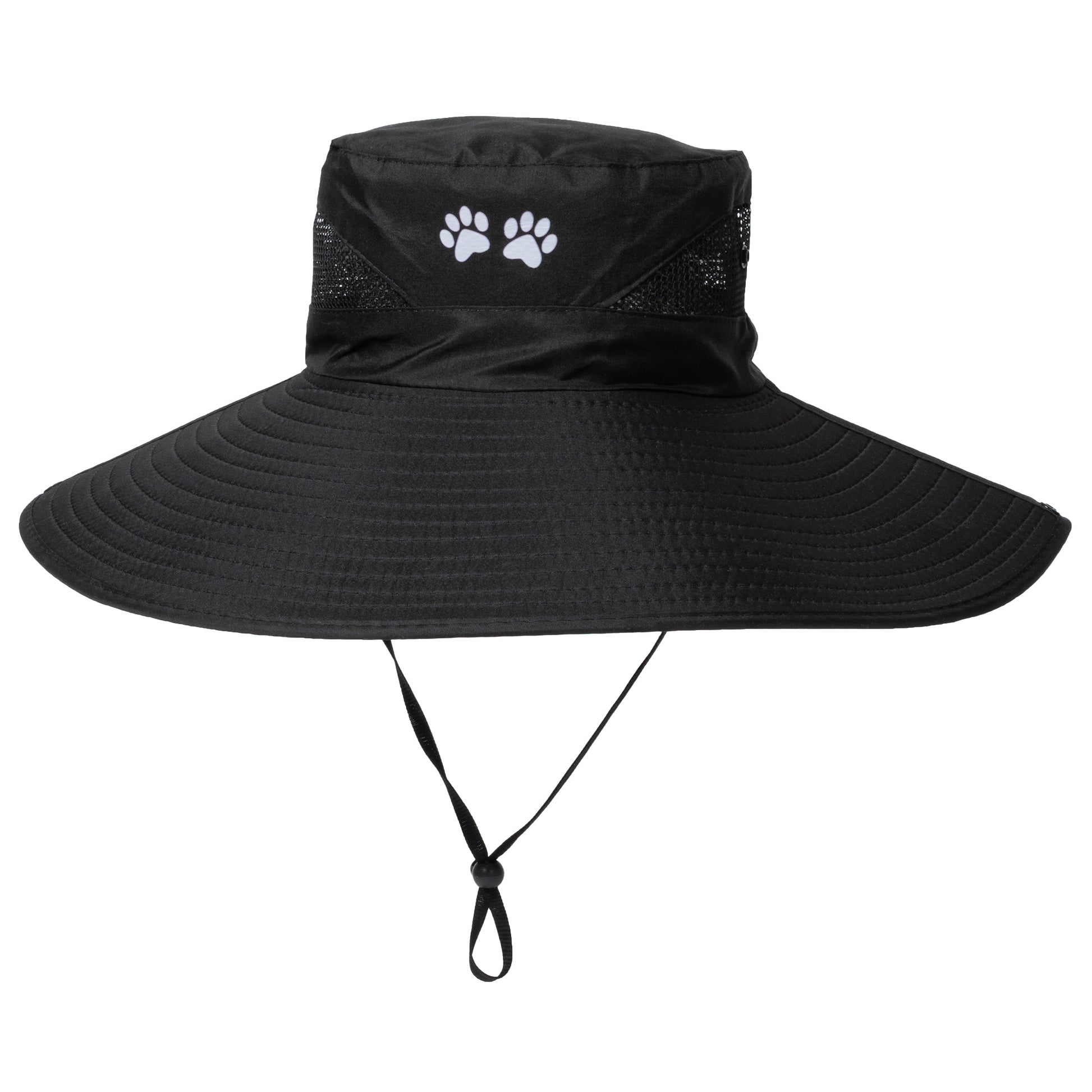 Black wide-brimmed hat with a paw print logo on a light gray background