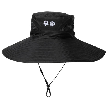 Black wide-brimmed hat with a paw print logo on a light gray background