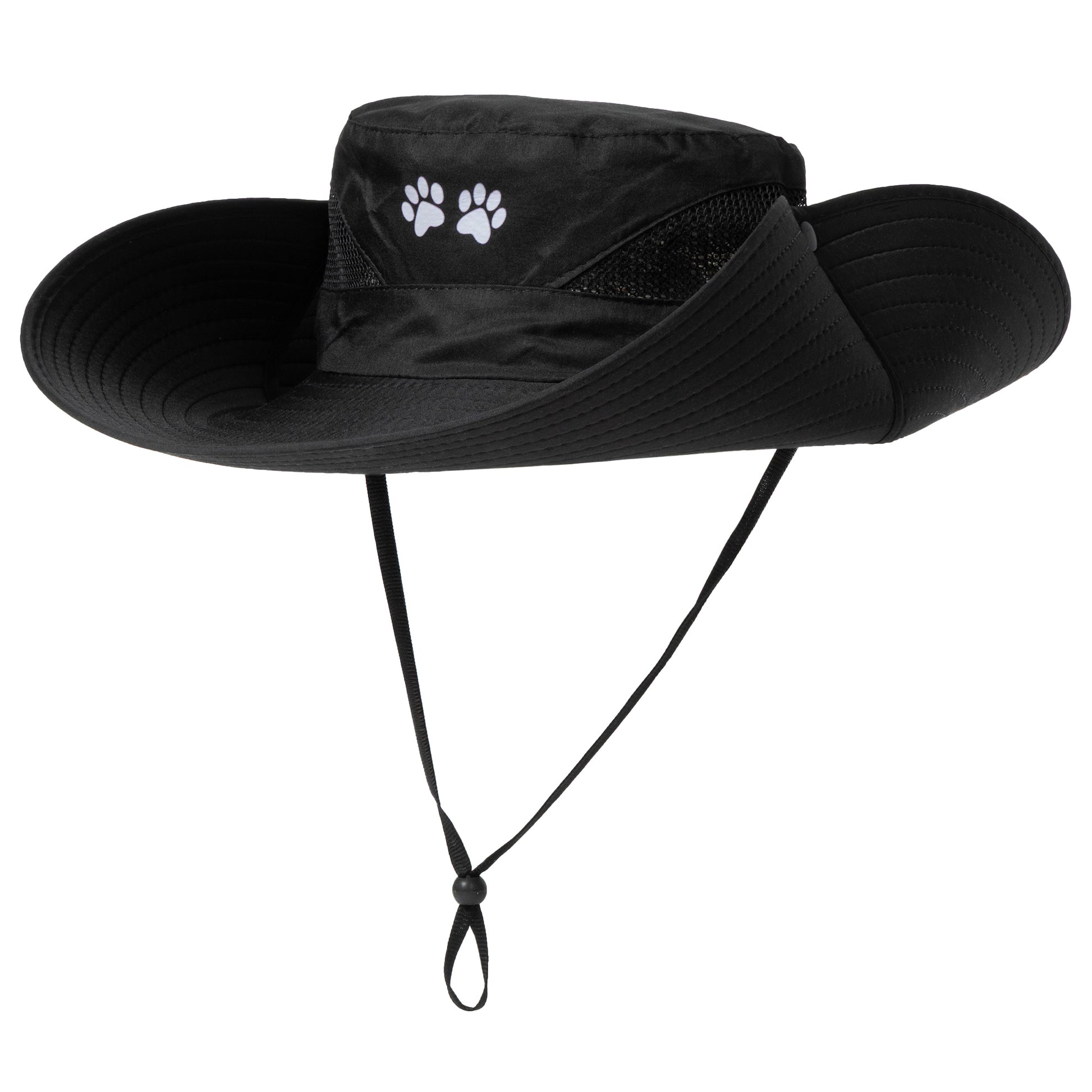 Black wide-brimmed hat with a strap on a white background