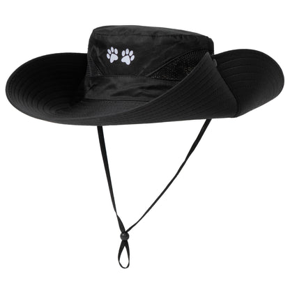 Black wide-brimmed hat with a strap on a white background