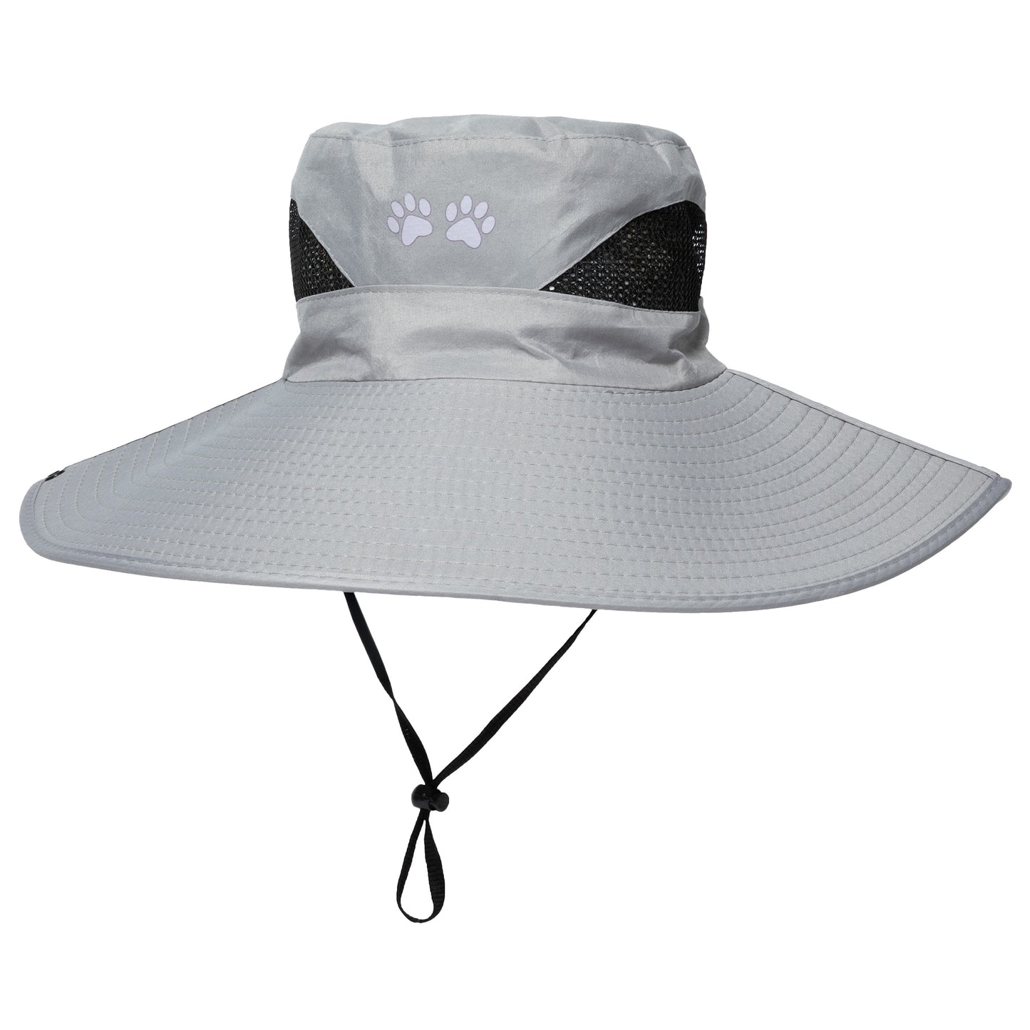Gray wide-brimmed sun hat with a black drawstring on a white background