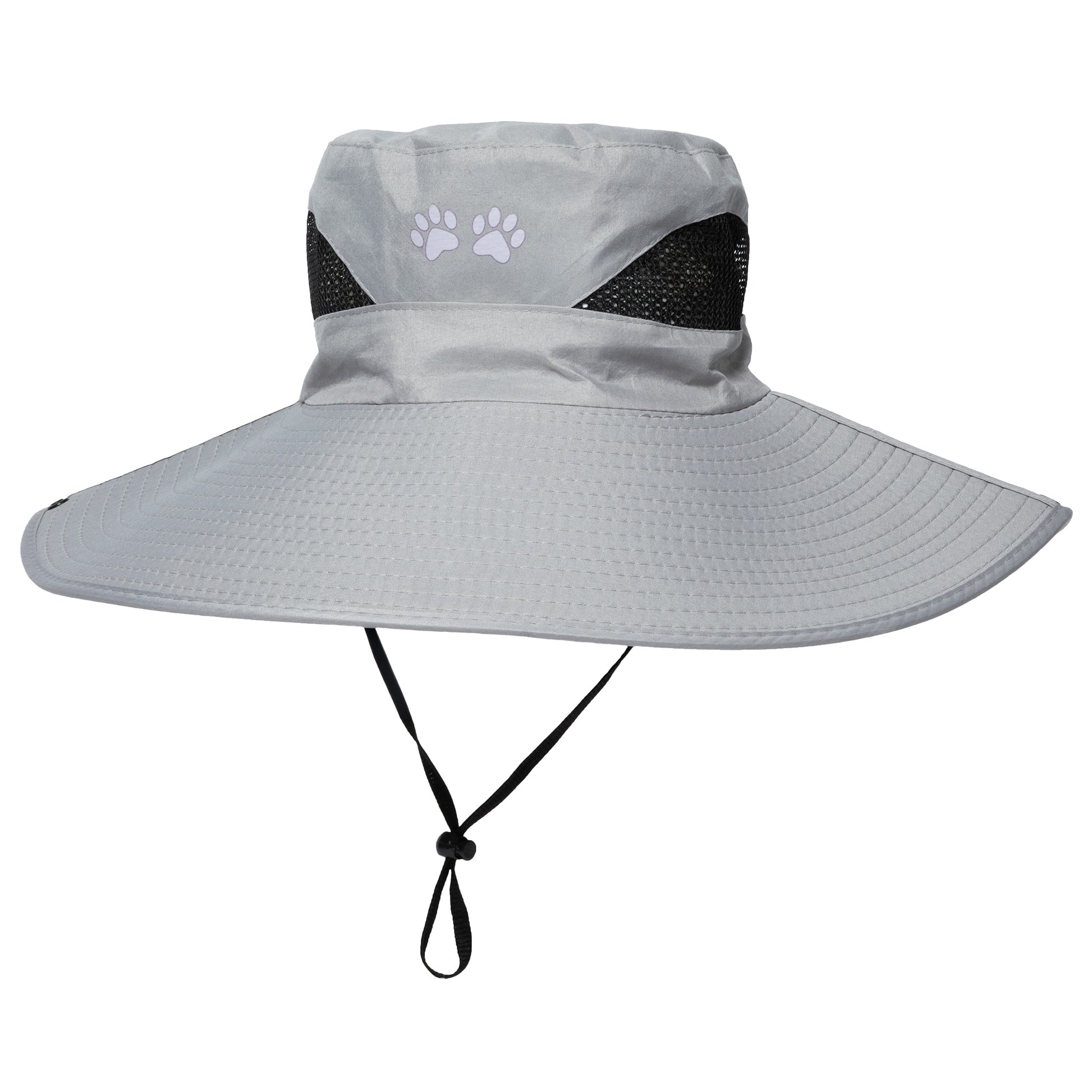 Gray wide-brimmed sun hat with a black drawstring on a white background