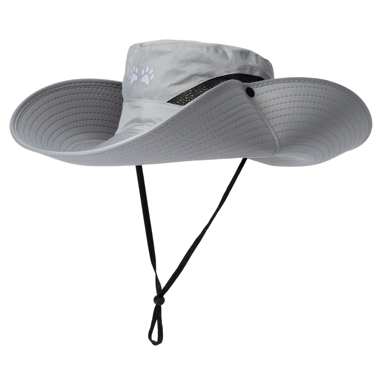 Gray wide-brimmed hat with a black strap on a white background